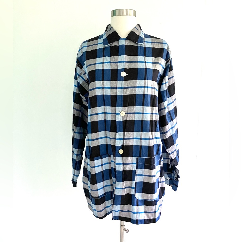 Vintage 50’s blue & white plaid cotton smock button down pajama shirt top